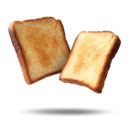 Image of Slices of toasted bread in air o white background