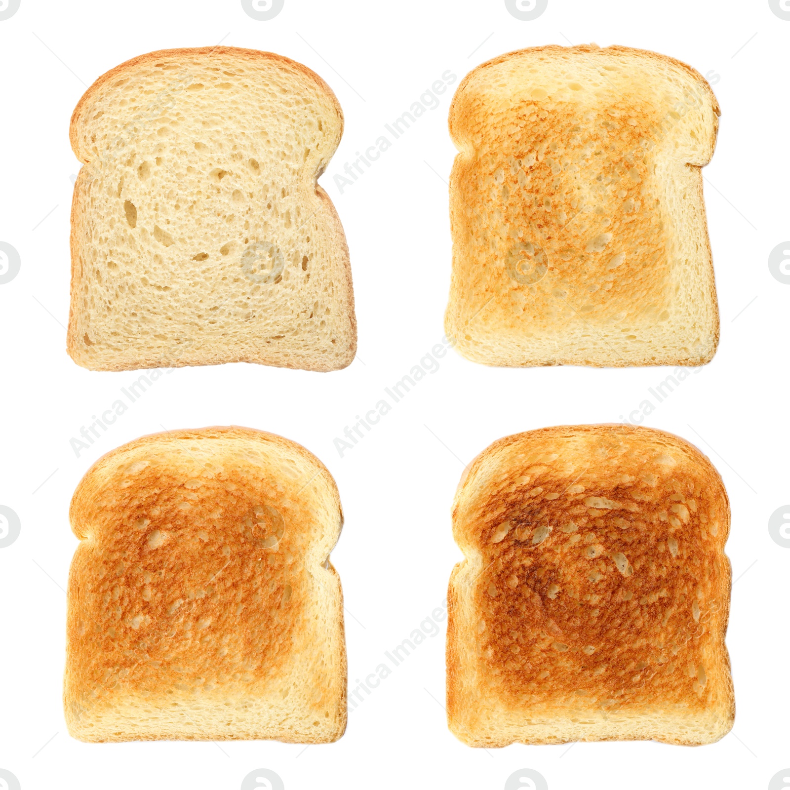Bread slices in different degrees of toast on white background, collage Image of Bread slices in different degrees of toast on white background, collage