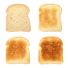 Image of Bread slices in different degrees of toast on white background, collage