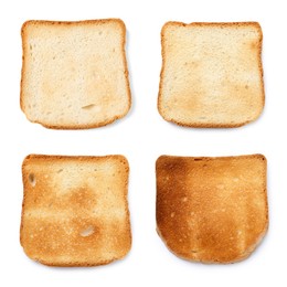 Image of Bread slices in different degrees of toast on white background, collage