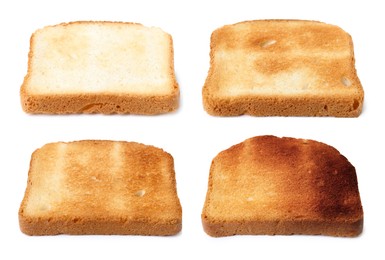 Image of Bread slices in different degrees of toast on white background, collage