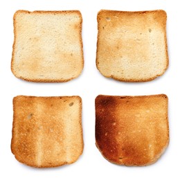 Image of Bread slices in different degrees of toast on white background, collage