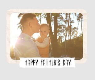Image of Happy Father's Day. Photo of dad with his cute daughter spending time together in park on summer day, light background