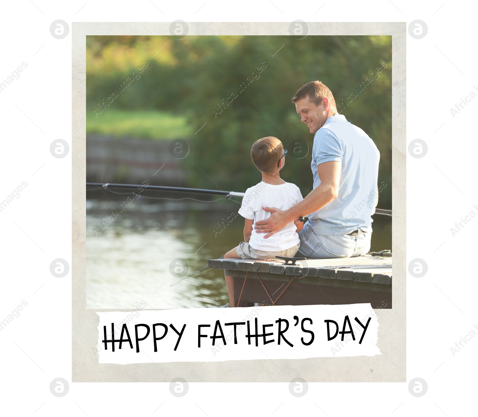 Happy Father's Day. Photo of dad and son fishing together on sunny day, white background Image of Happy Father's Day. Photo of dad and son fishing together on sunny day, white background