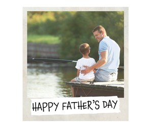 Image of Happy Father's Day. Photo of dad and son fishing together on sunny day, white background