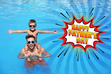 Image of Happy Father's Day. Little boy with his dad in swimming pool
