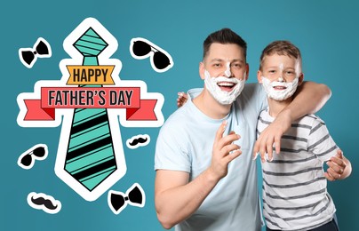 Image of Happy Father's Day. Happy dad and son with shaving foam on faces against blue background