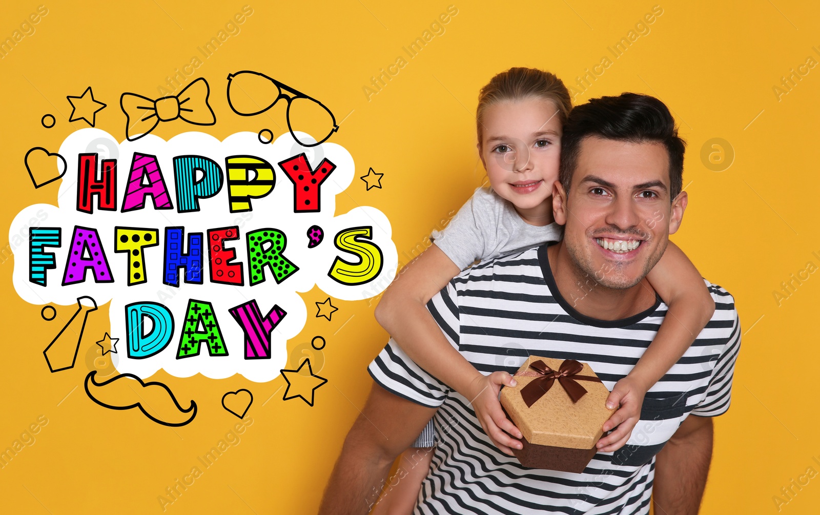 Happy Father's Day. Dad receiving gift from his daughter on orange background Image of Happy Father's Day. Dad receiving gift from his daughter on orange background