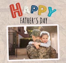 Image of Happy Father's Day. Photo of daughter hugging her daddy in military uniform outdoors, crumpled paper on background