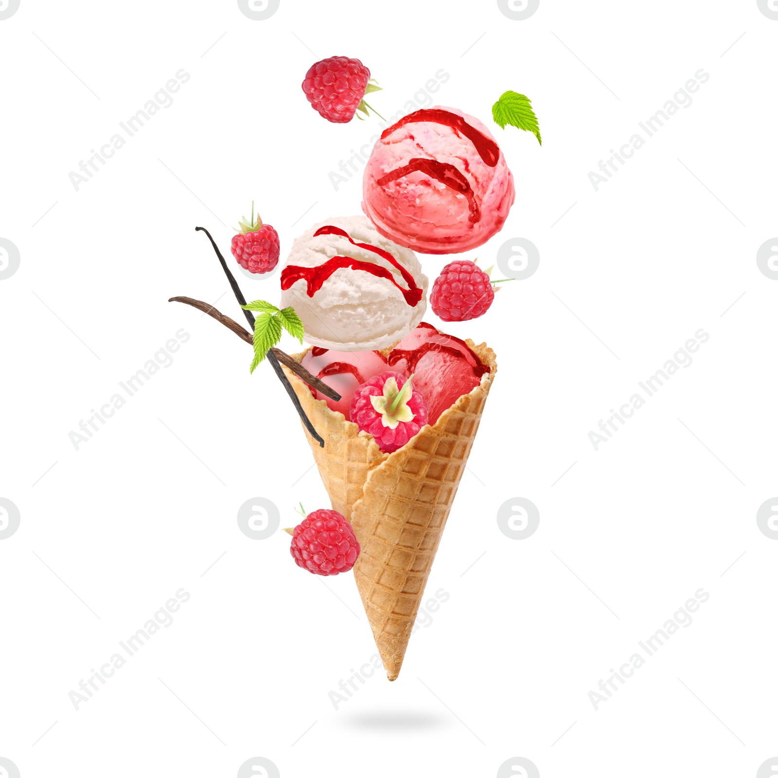 Yummy ice cream cone and raspberries in air on white background Image of Yummy ice cream cone and raspberries in air on white background
