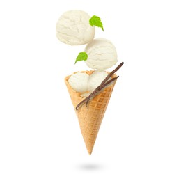 Image of Yummy vanilla ice cream cone and pods in air on white background