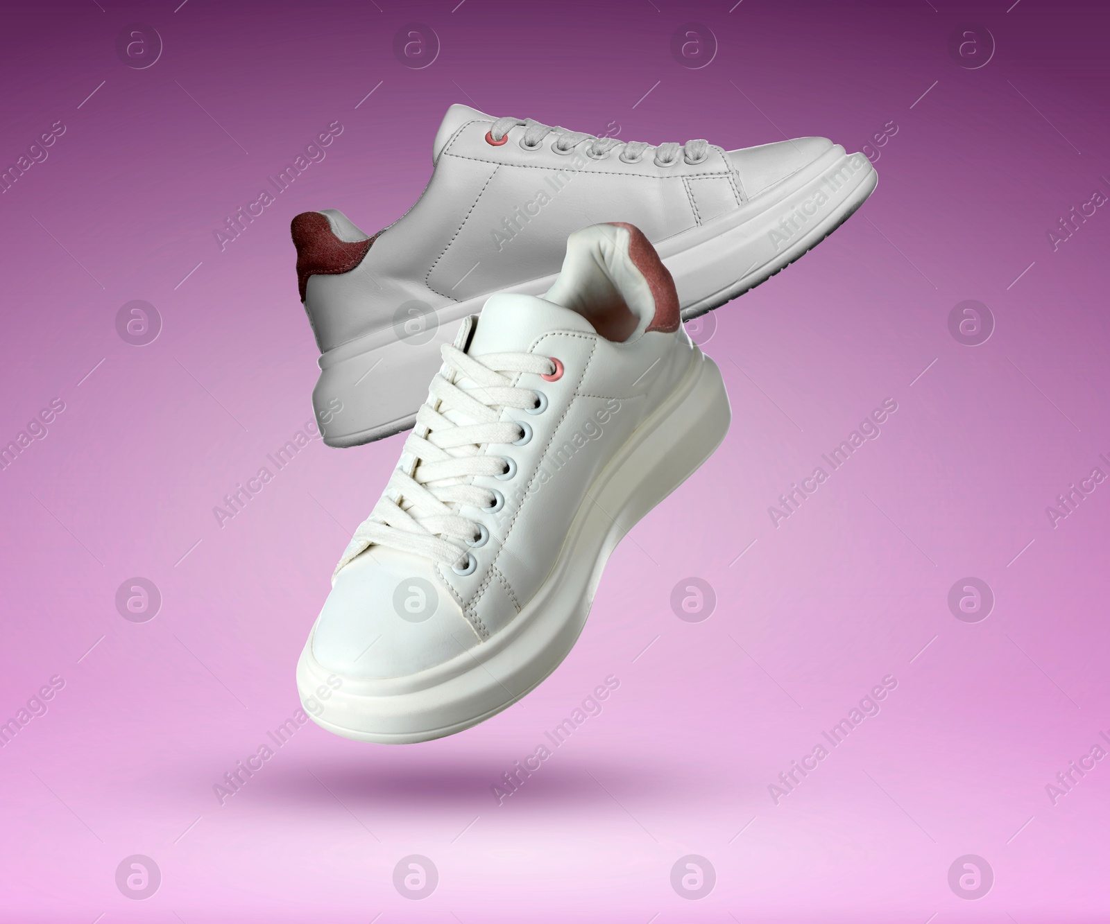 Stylish sneakers in air on purple gradient background Image of Stylish sneakers in air on purple gradient background