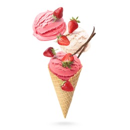 Image of Yummy ice cream cone and strawberries in air on white background