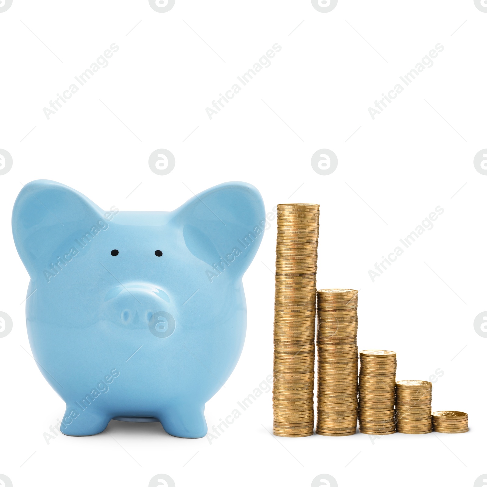 Light blue piggy bank and stacks of coins from bigger to smaller on white background Image of Light blue piggy bank and stacks of coins from bigger to smaller on white background