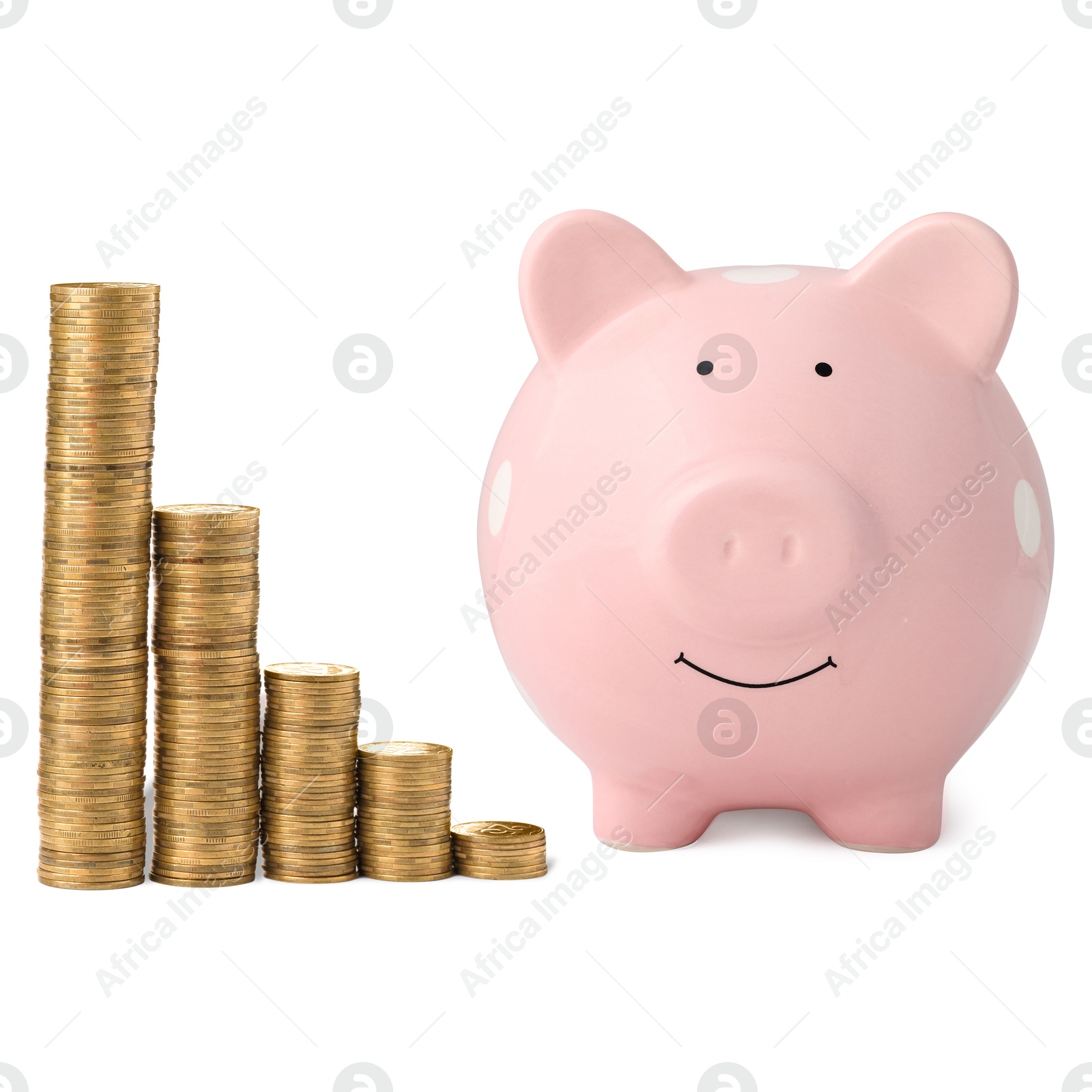 Pink piggy bank and stacks of coins from bigger to smaller on white background Image of Pink piggy bank and stacks of coins from bigger to smaller on white background