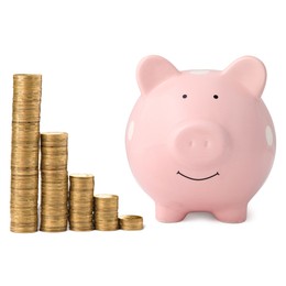 Image of Pink piggy bank and stacks of coins from bigger to smaller on white background