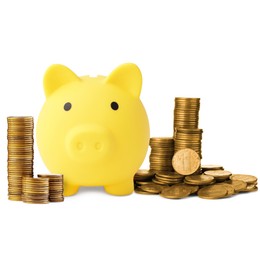 Image of Yellow piggy bank and coins on white background