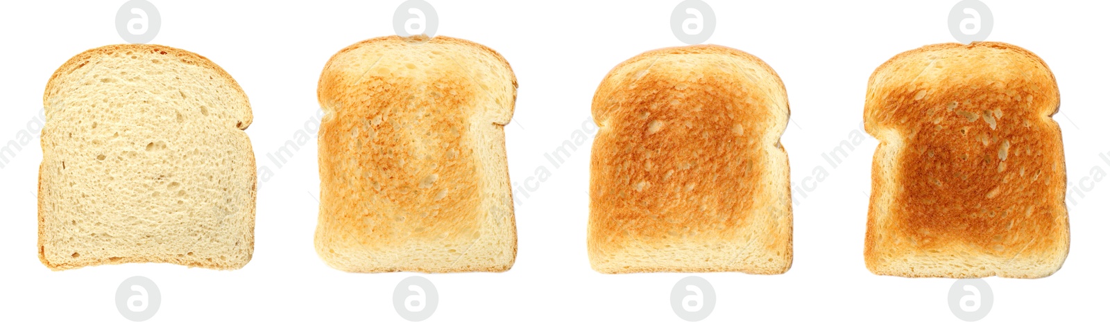 Bread slices in different degrees of toast on white background, collage Image of Bread slices in different degrees of toast on white background, collage