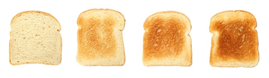 Image of Bread slices in different degrees of toast on white background, collage