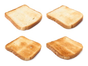 Image of Bread slices in different degrees of toast on white background, collage