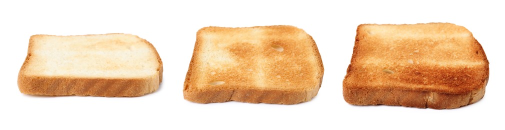 Image of Bread slices in different degrees of toast on white background, collage