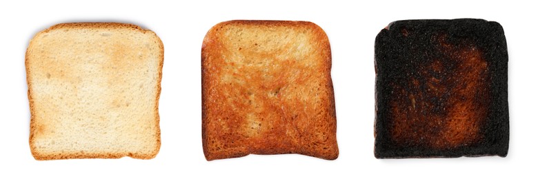 Image of Bread slices in different degrees of toast on white background, collage