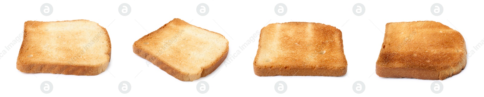 Bread slices in different degrees of toast on white background, collage Image of Bread slices in different degrees of toast on white background, collage
