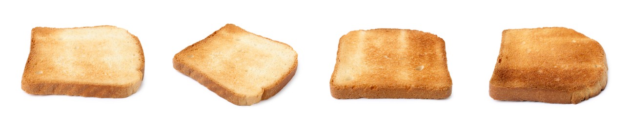 Image of Bread slices in different degrees of toast on white background, collage