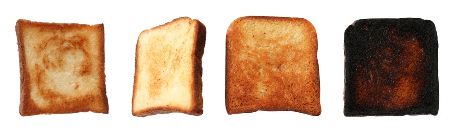 Image of Bread slices in different degrees of toast on white background, collage