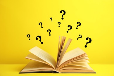 Image of Question marks above open book on yellow background