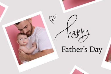Image of Happy Father's Day. Photos of dad with his cute baby on pink background