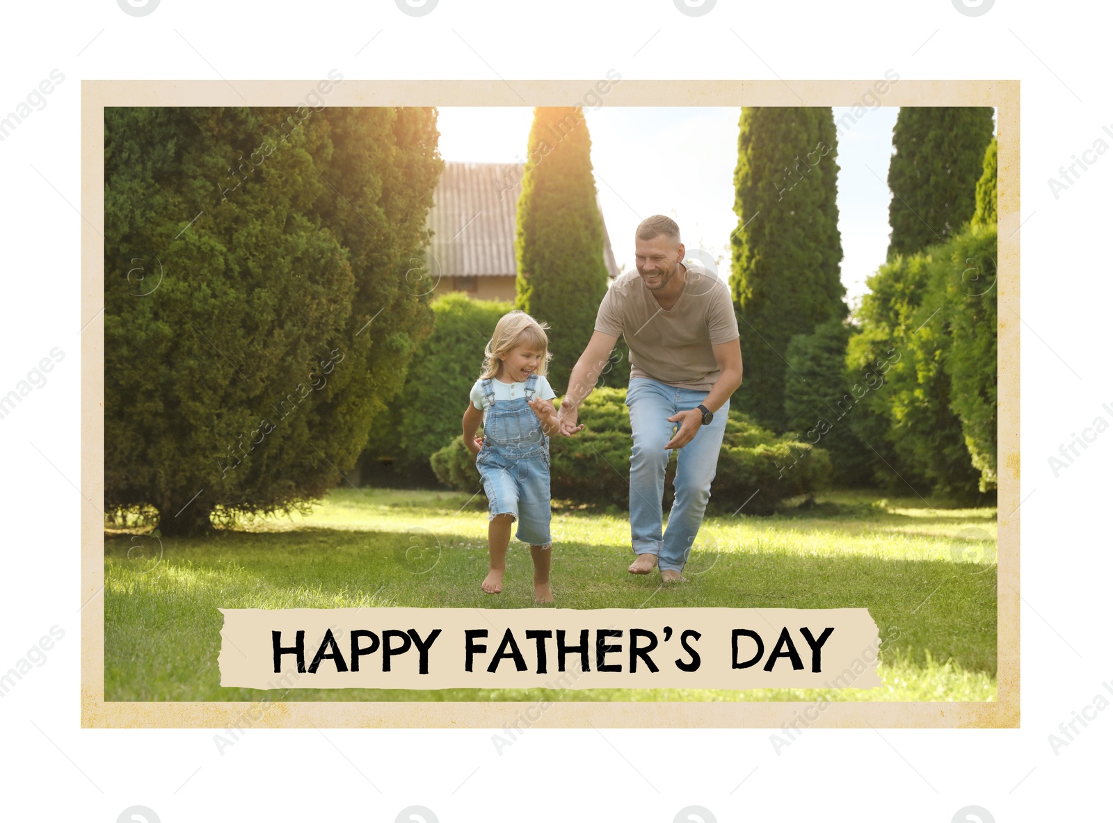 Happy Father's Day. Photo of dad and his daughter spending time together on sunny day, white background Image of Happy Father's Day. Photo of dad and his daughter spending time together on sunny day, white background