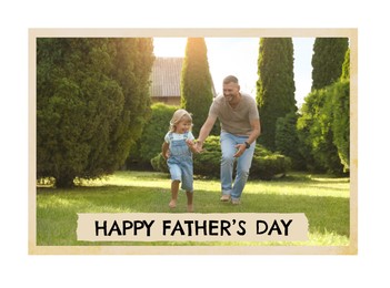 Image of Happy Father's Day. Photo of dad and his daughter spending time together on sunny day, white background