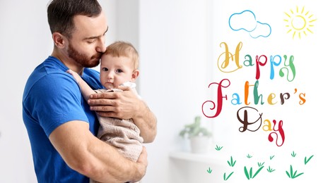 Image of Happy Father's Day. Dad with his cute little baby at home