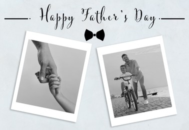 Image of Happy Father's Day. Photos of dad and his child, light grey background