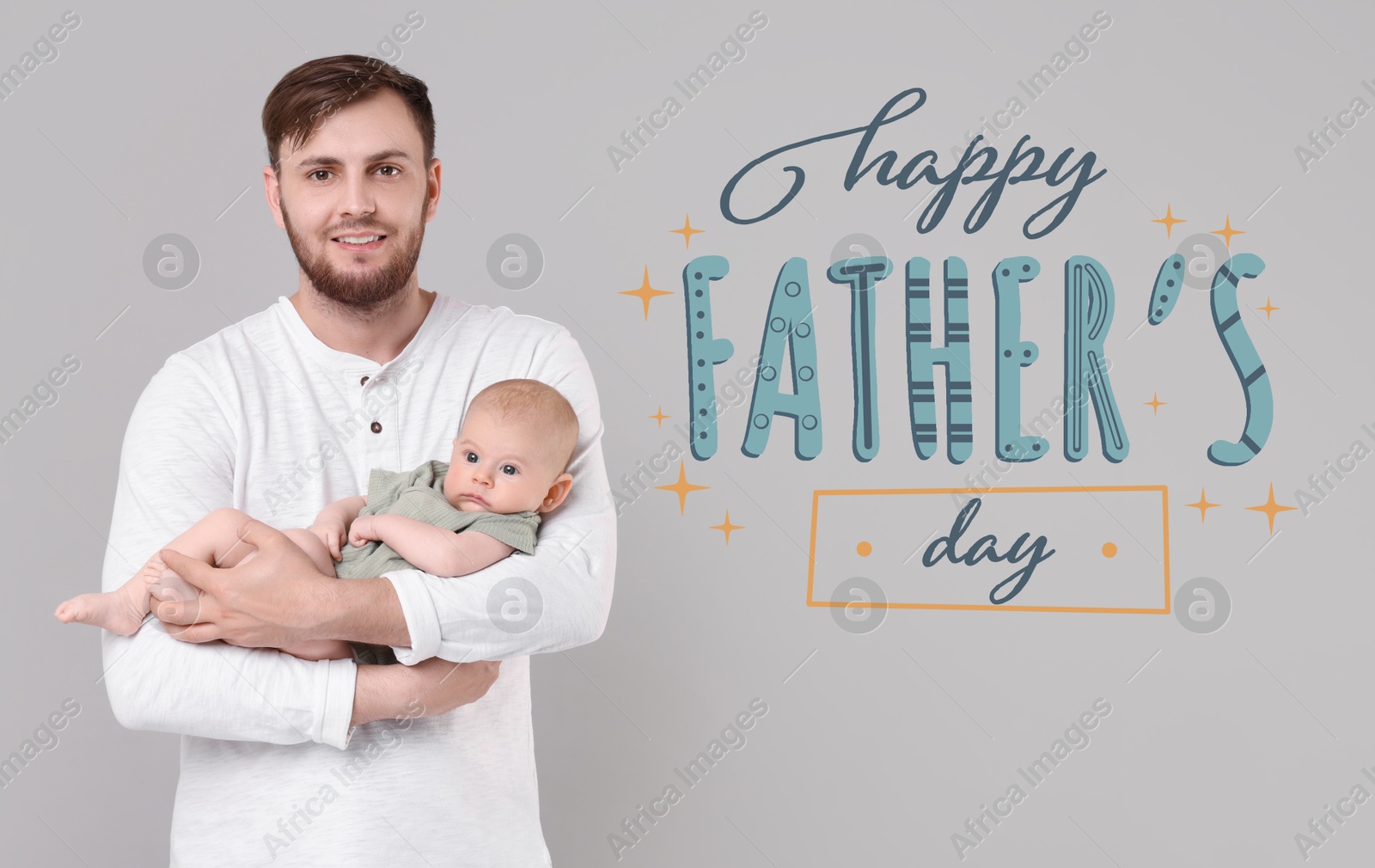 Happy Father's Day. Dad with his cute baby on grey background Image of Happy Father's Day. Dad with his cute baby on grey background