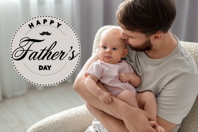 Image of Happy Father's Day. Daddy kissing his cute baby in armchair at home