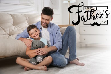 Image of Happy Father's Day. Happy dad and his son on floor in living room
