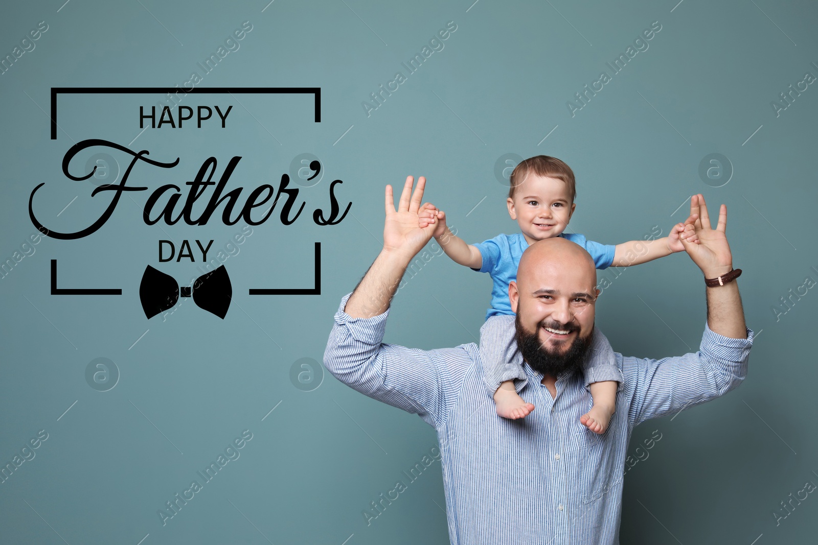 Happy Father's Day. Dad and his little son on color background Image of Happy Father's Day. Dad and his little son on color background