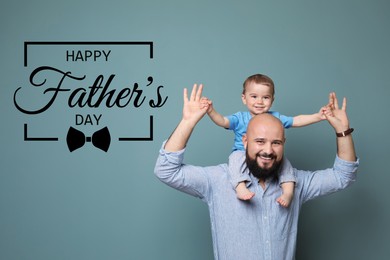 Image of Happy Father's Day. Dad and his little son on color background