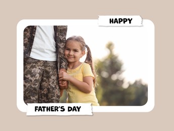 Image of Happy Father's Day. Photo of dad in military uniform and his daughter outdoors, beige background