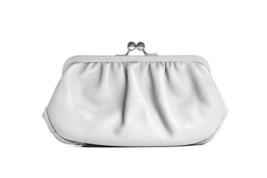 Image of Stylish white leather purse on white background