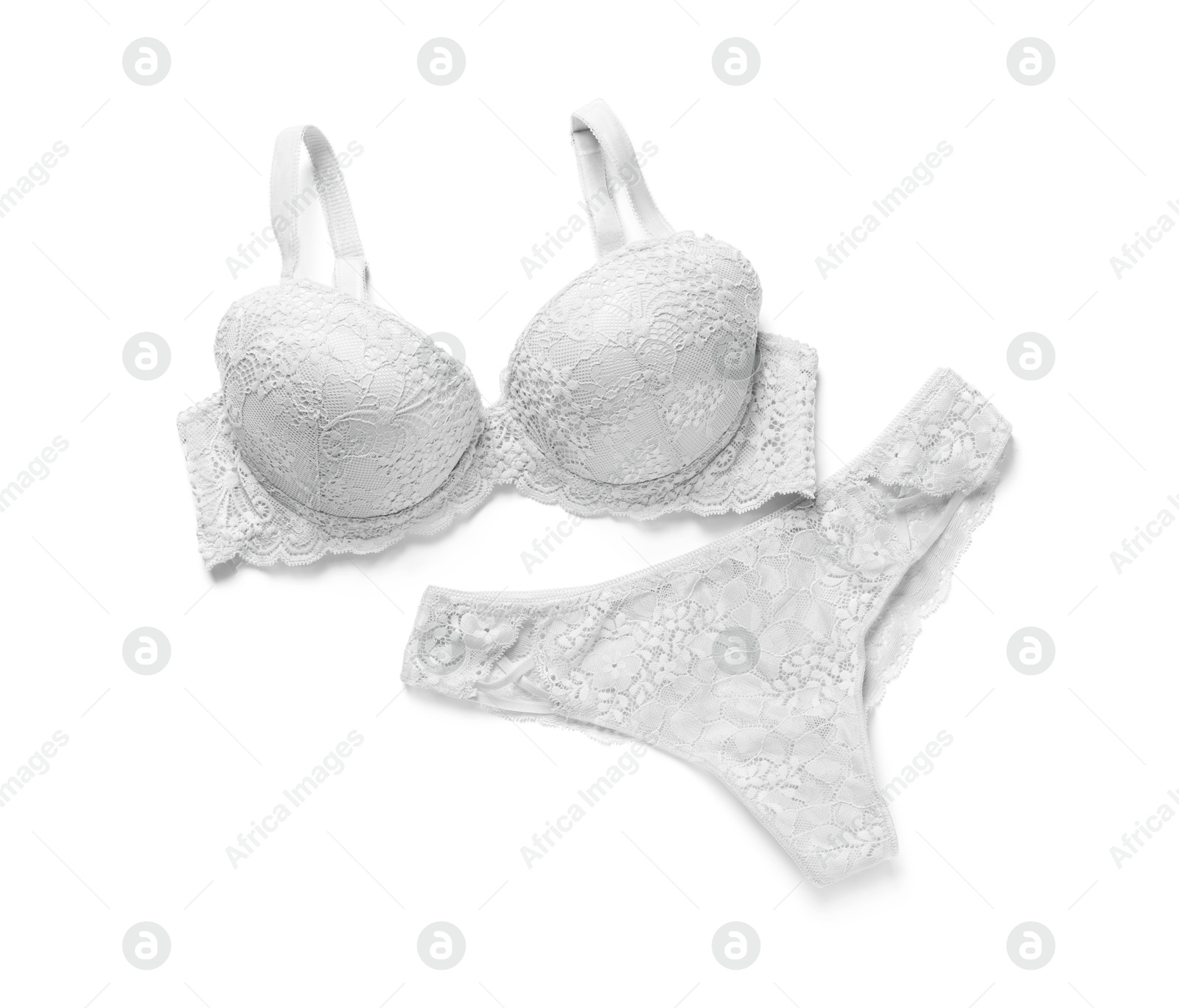 Image of Elegant white women's underwear on white background, top view