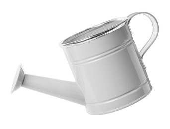 Image of White metal watering can on white background