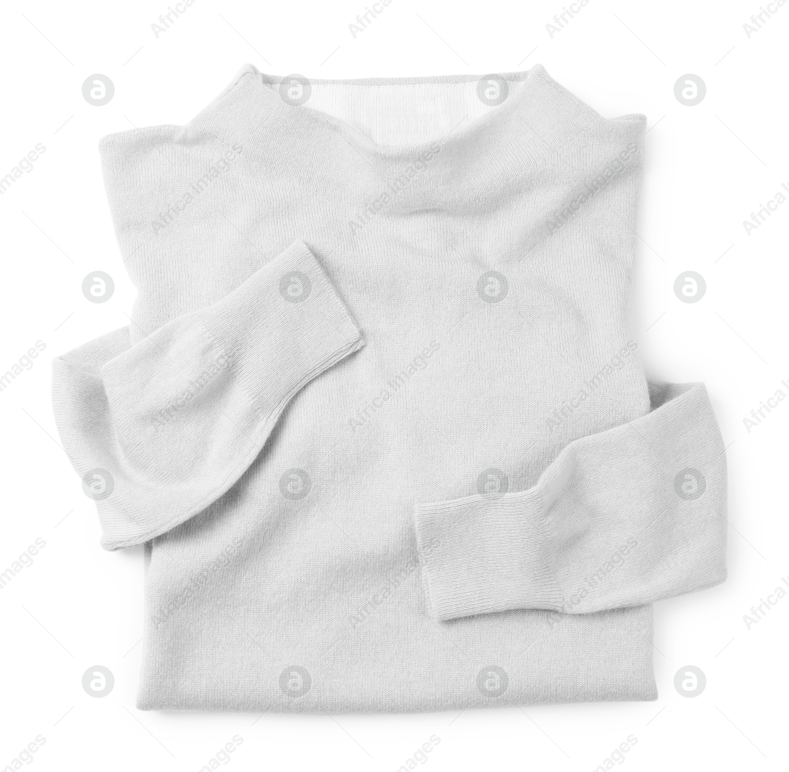 White cashmere sweater on white background, top view Image of White cashmere sweater on white background, top view
