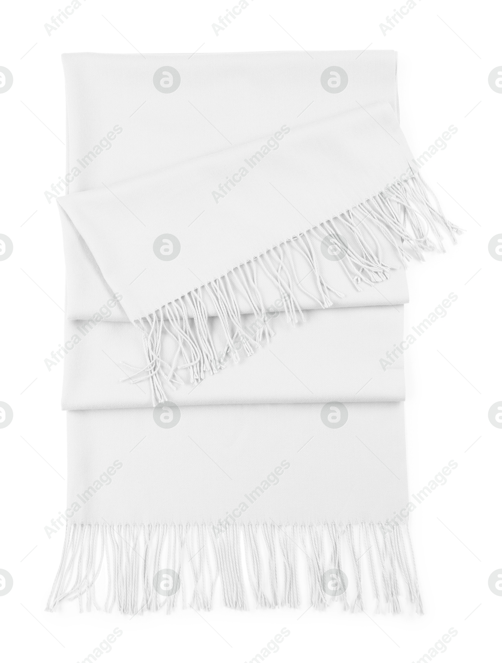 Image of White cashmere scarf on white background, top view