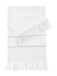 Image of White cashmere scarf on white background, top view