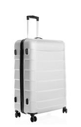 Image of White suitcase for travelling on white background