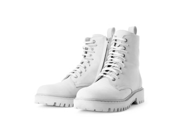 Image of Pair of stylish white boots on white background