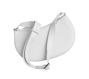 Image of Stylish white handbag in air on white background